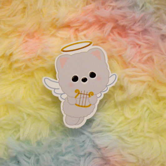 Cupid Pommy with harp sticker against rainbow background