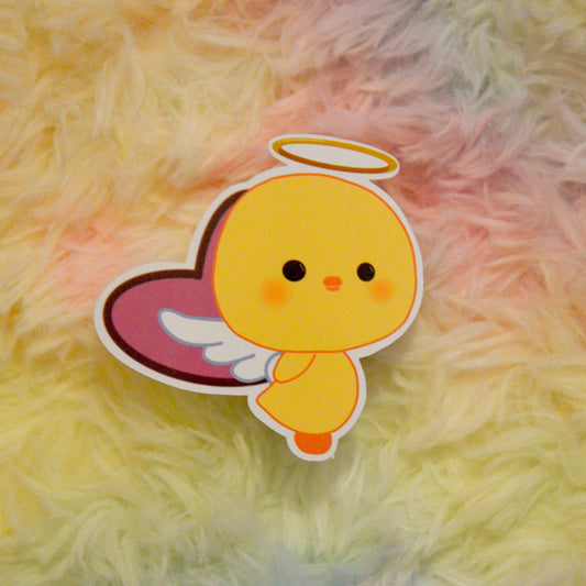 Cupid peepbo holding heart sticker against rainbow background