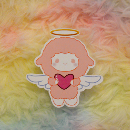 Cupid Fuwa holding heart sticker against rainbow background