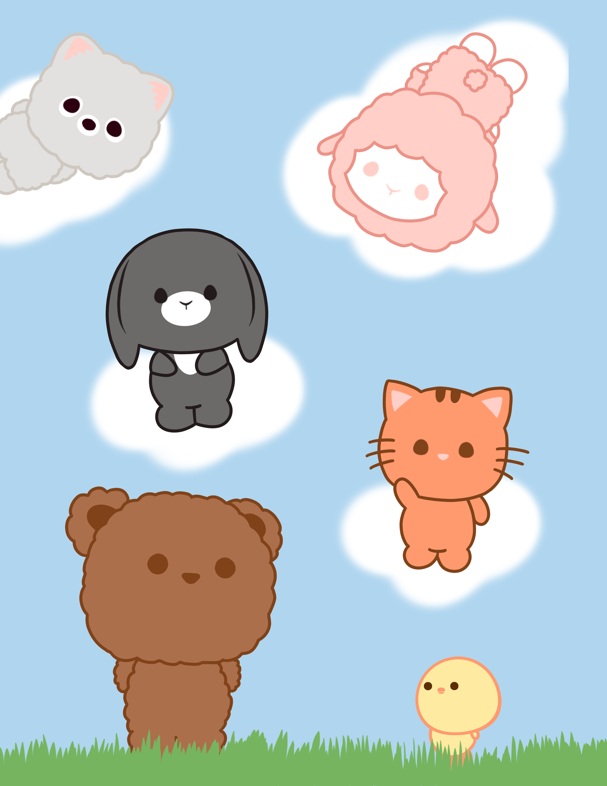 puppy, sheep, bunny, and cat on clouds. bear and chick on grass