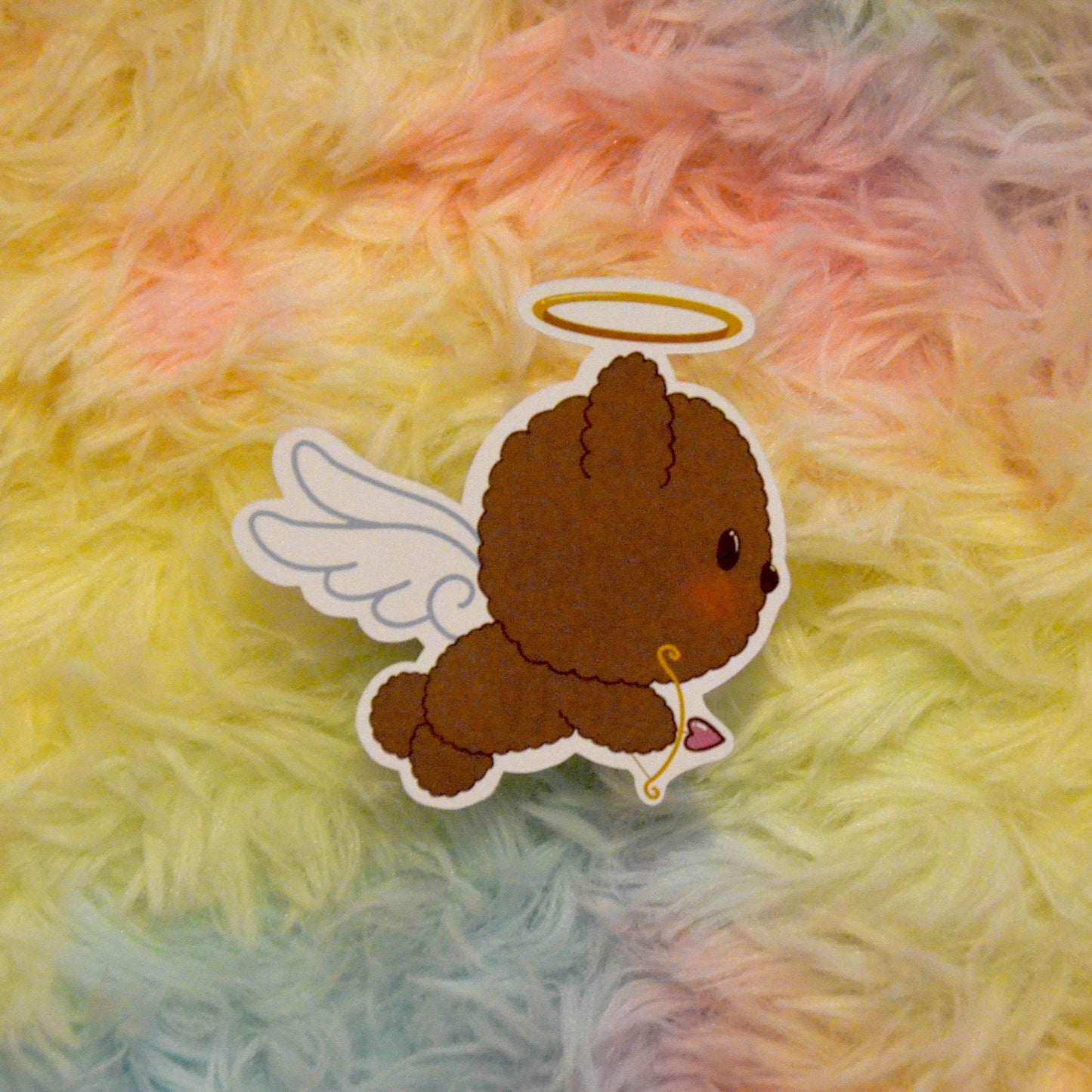 Cupid Mocha with heart bow and arrow sticker against rainbow background