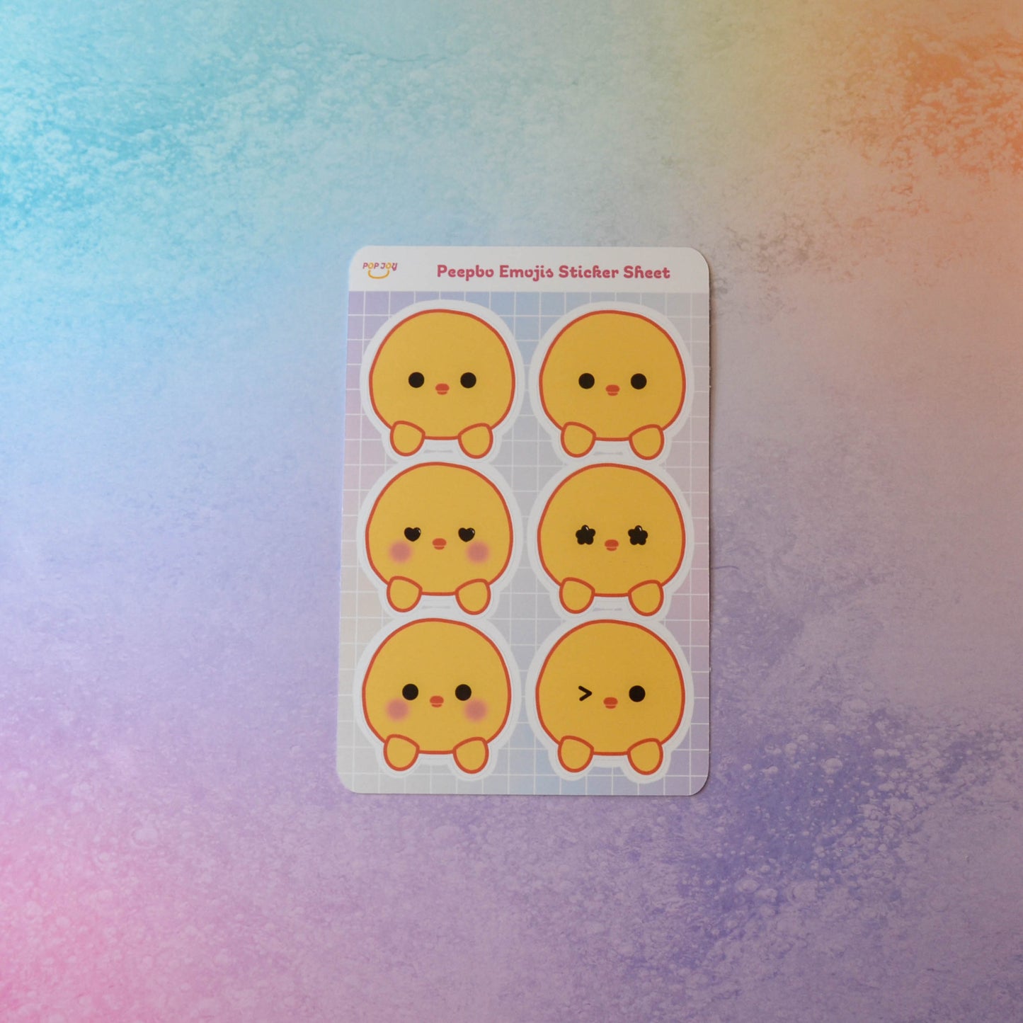 Peepbo Emojis Sticker Sheet on pastel rainbow background