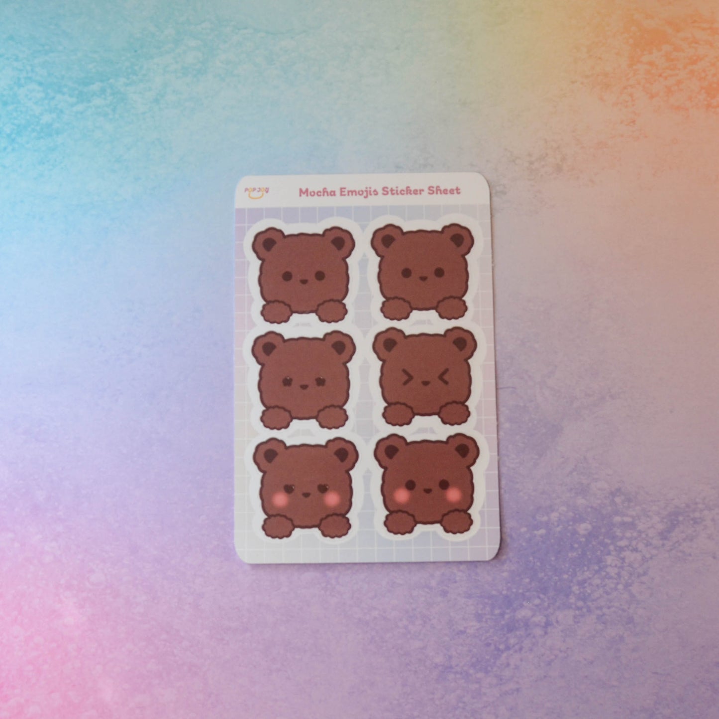 Mocha Emojis Sticker Sheet on pastel rainbow background