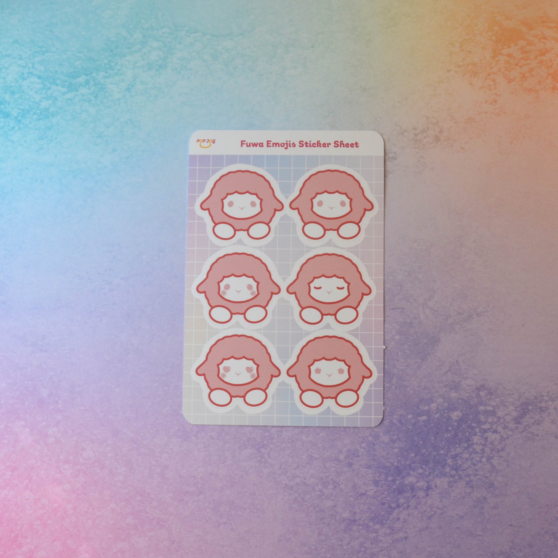 Fuwa Emojis Sticker Sheet on pastel rainbow background