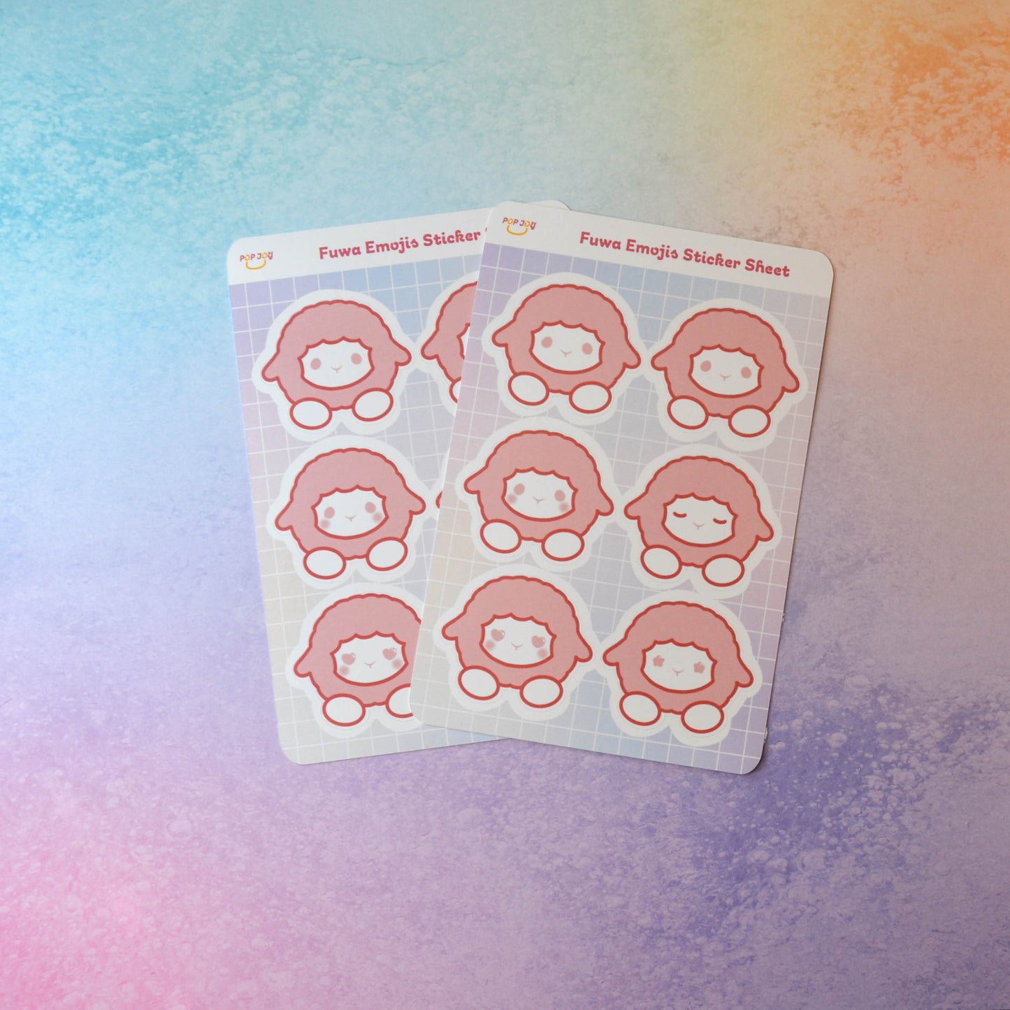 2 Fuwa Emojis Sticker Sheets on pastel rainbow background