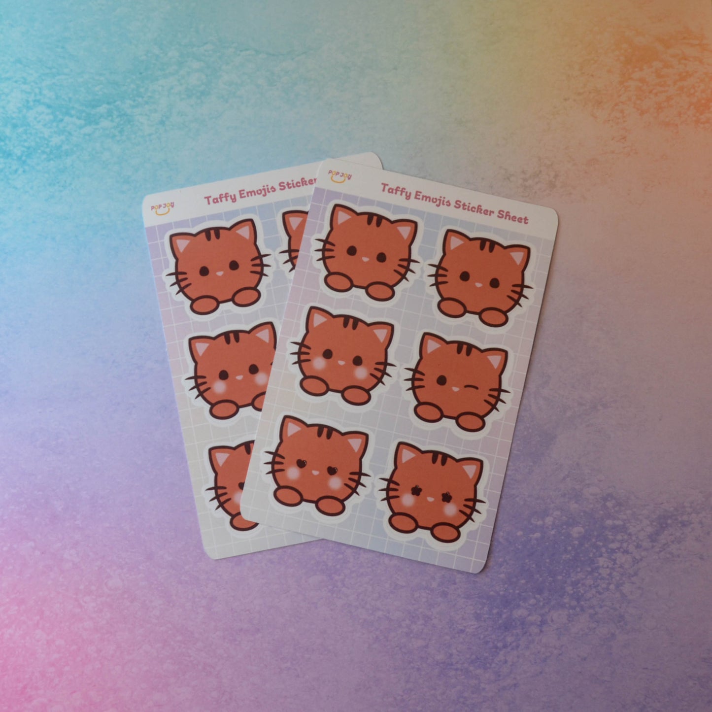 2 Taffy Emojis Sticker Sheets on pastel rainbow background