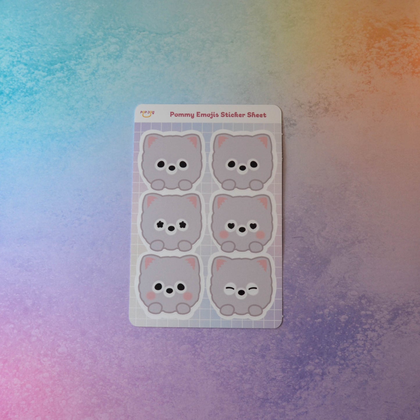 Pommy Emojis Sticker Sheet on pastel rainbow background