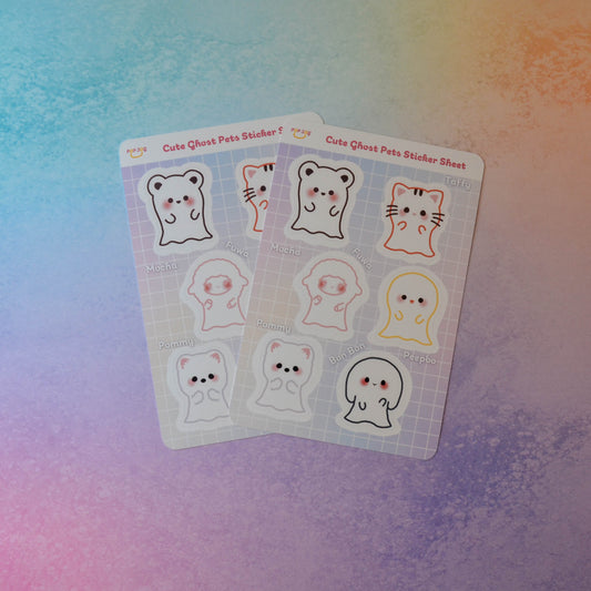 2 Cute Ghost Pets Sticker Sheets on pastel rainbow background