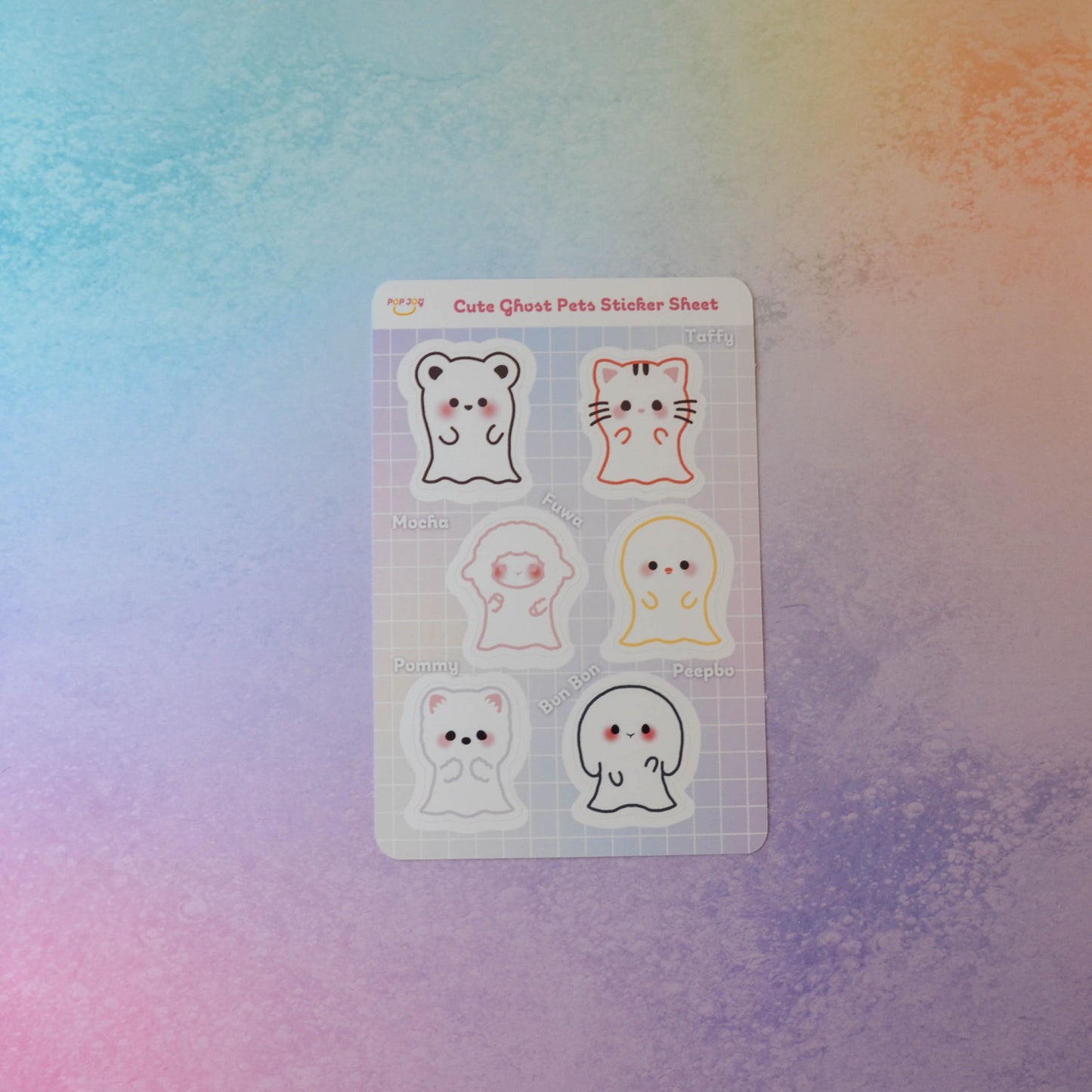 Cute Ghost Pets Sticker Sheet on pastel rainbow background