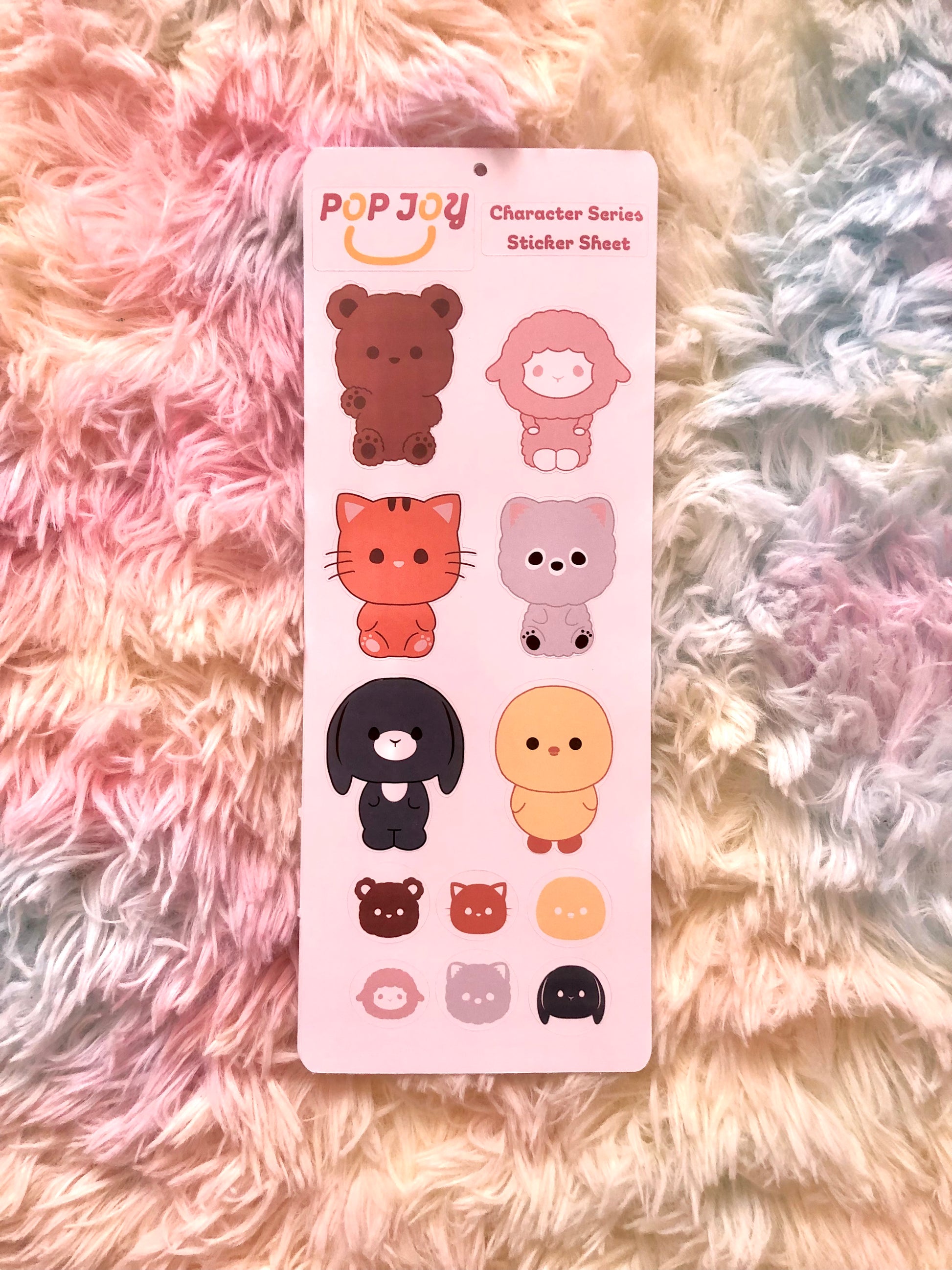 Sticker sheets that has a bear, sheep, cat, pomeranian, bunny, and chick stickers