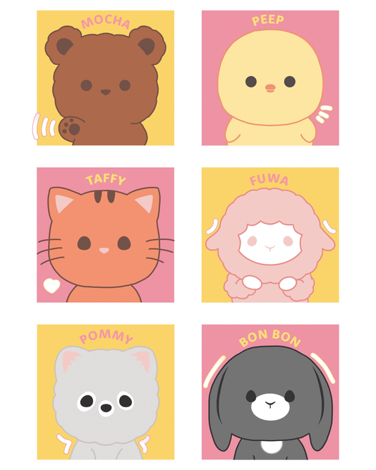 Mocha the bear, Peep the chick, Taffy the cat, Fuwa the sheep, Pommy the pomeranian, and Bon Bon the bunny art print
