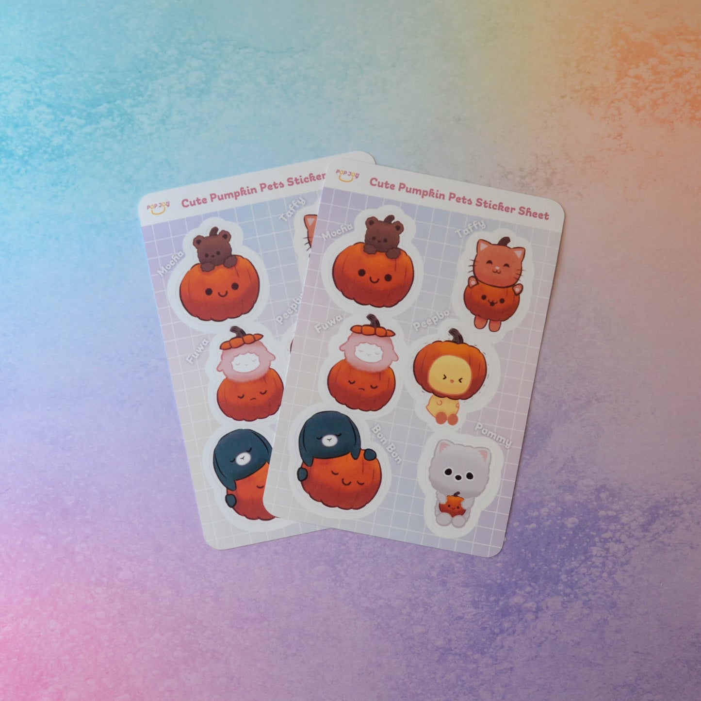 2 Cute Pumpkin Pets Sticker Sheets on pastel rainbow background