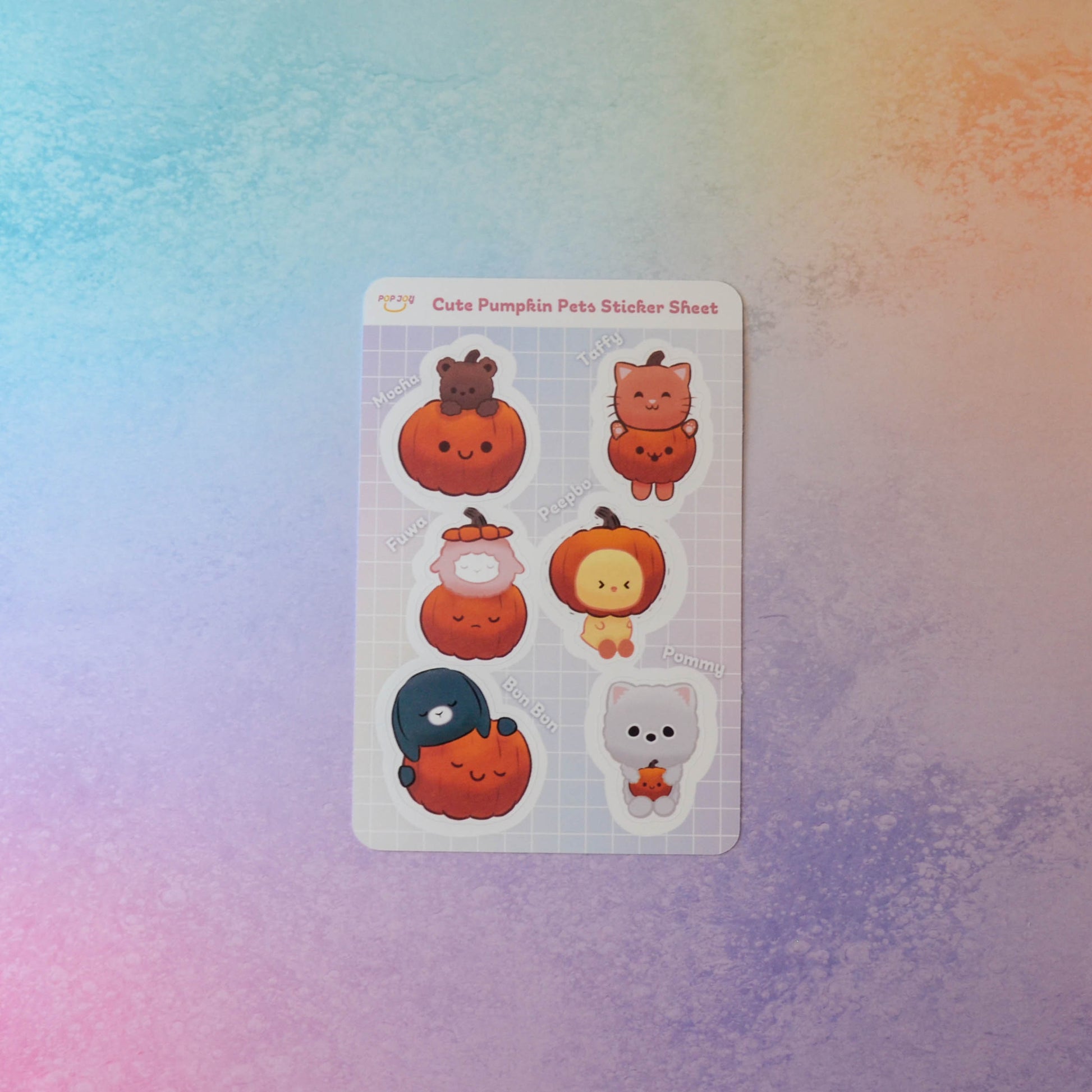 Cute Pumpkin Pets Sticker Sheet on pastel rainbow background